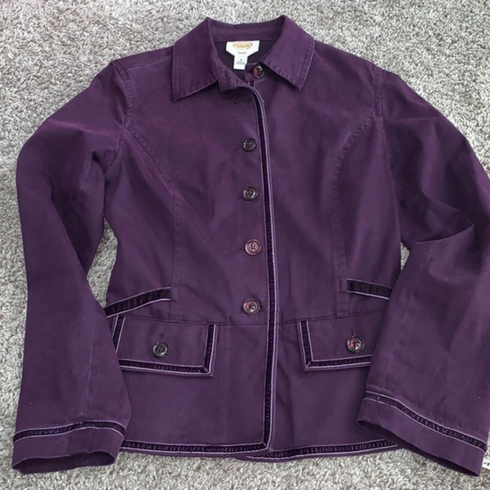 Talbots size 8 stretch jacket plum purple with velvet trim‎ button up